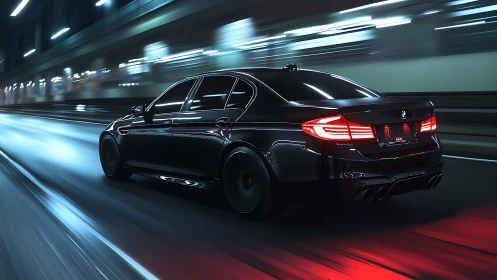 Black performance sedan speeding through neon city tunnel.