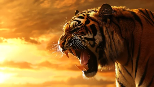 Roaring tiger silhouette dominates blazing sunset sky.