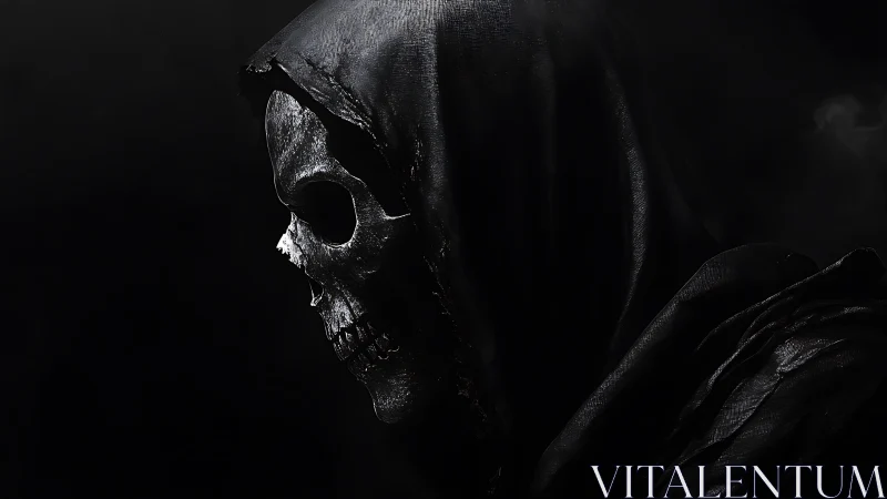 Grim reaper profile in shadowed monochrome shroud.