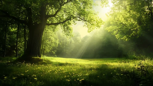 Sunlit Forest Meadow with Large Oak in Lush Green Landscape.