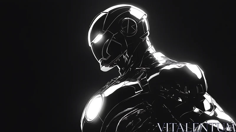 Shiny robotic armored figure in stark black and white profile.