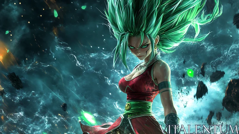 Green haired warrior unleashes cosmic power in stormy void.