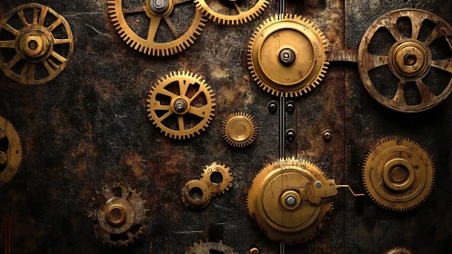 Interlocked brass gears on corroded industrial metal surface.