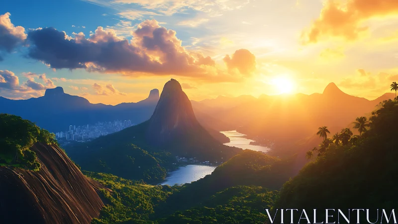 Digital painting of tropical mountains at radiant sunset glow.