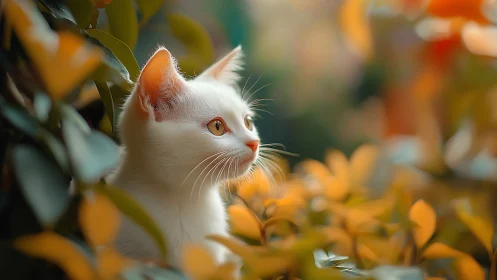 White and orange kitten rests among golden flowering foliage.