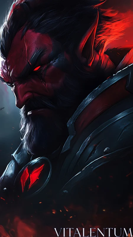 Demonic warrior profile glows with embers and crimson armor