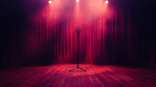 Vintage microphone on empty red stage under spotlights.