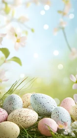 Speckled springtime eggs lounge softly beneath blooming light