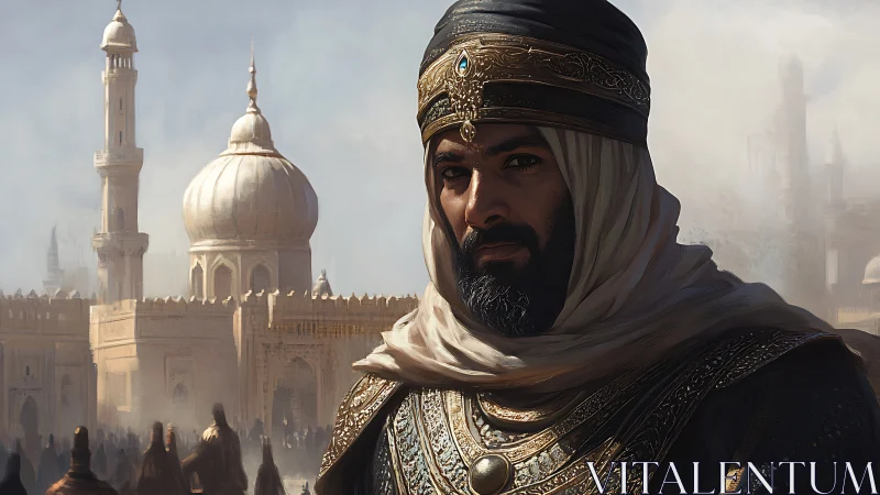 Regal desert commander before domed citadel in haze.