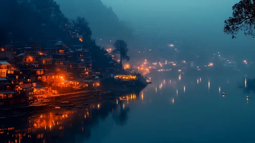 Riverside town at dusk with warm lights reflecting on water.