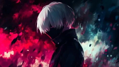 Anime portrait with masked antihero amid abstract neon flare.