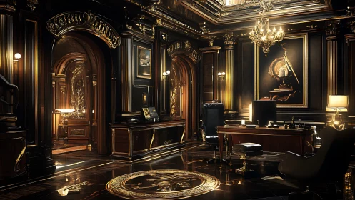 Luxurious neoclassical executive office with high contrast lighting