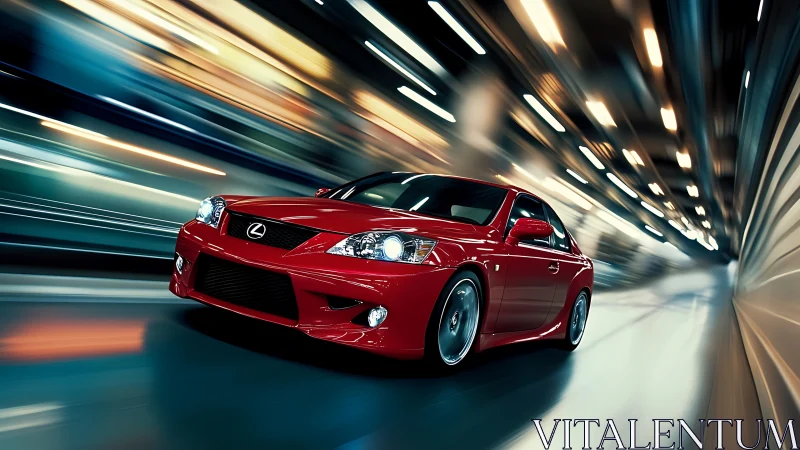 Red Lexus sports coupe racing through urban tunnel at speed.