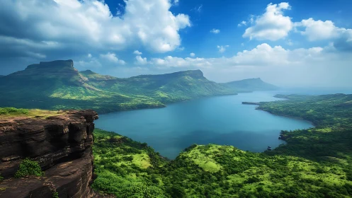 Sunlit cliffs watching over a serene emerald-blue lake.