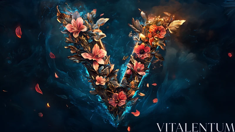 Floral letter V in luminous teal void, digital painting focus.