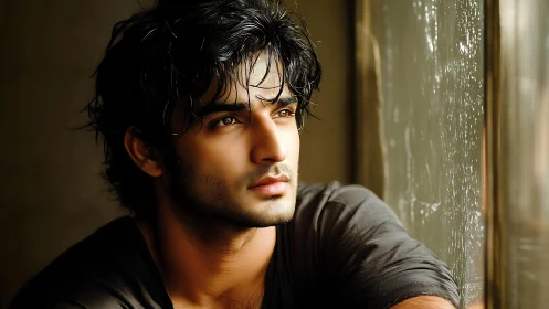 Young man near wet window in soft directional lighting.
