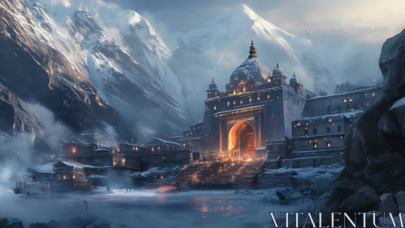 Snowbound mountain temple fortress with glowing inner gate.