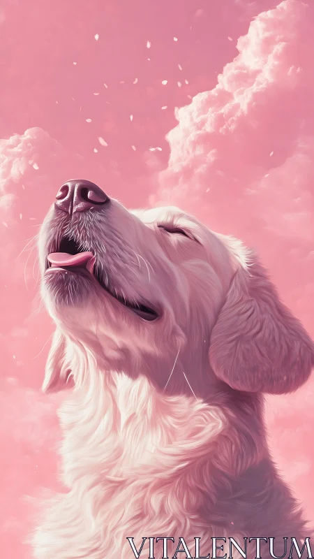 Golden retriever portrait rendered against ethereal pink sky