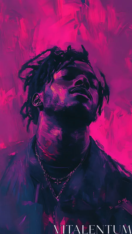 Neon lit portrait of introspective man in magenta haze.