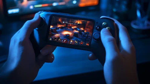 Hands gripping portable gaming device with action interface.