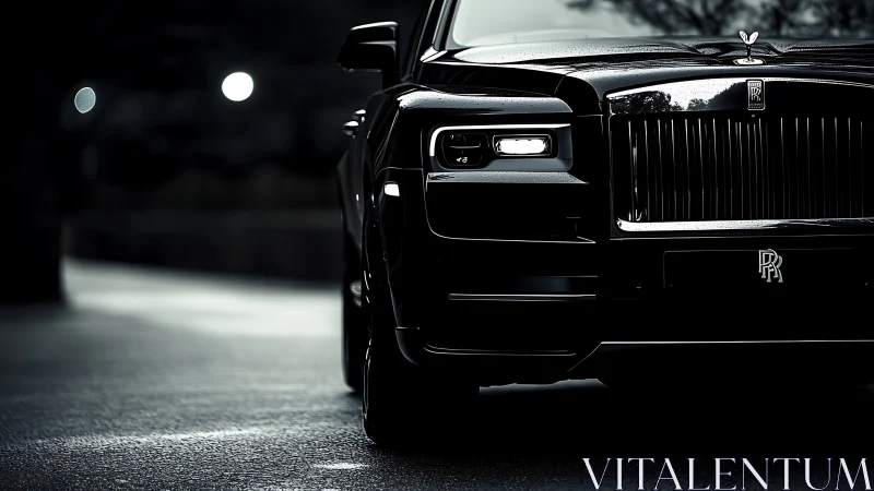 Front quarter view shows dark luxury sedan in low light