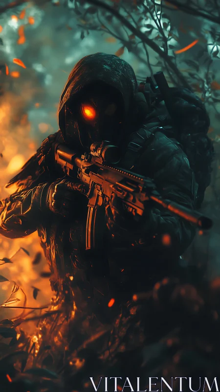 Hooded tactical operative with glowing mask in burning forest.