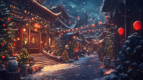 Snowy lantern-lit street blends Chinese New Year and Christmas.