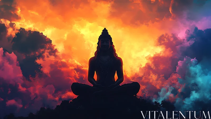 Silhouetted yogic deity meditating against volumetric fire-cloud sky