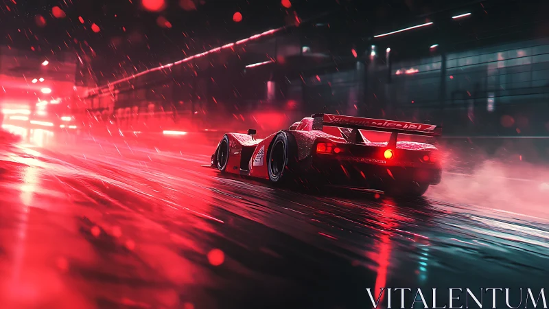 Red race car powers through wet neon lit night circuit.