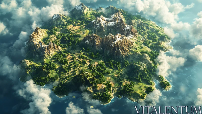 Floating Island with Alpine Peaks and Green Valleys