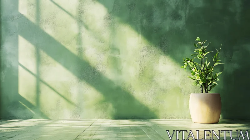 Minimalist potted plant basks in warm diagonal sunlight.