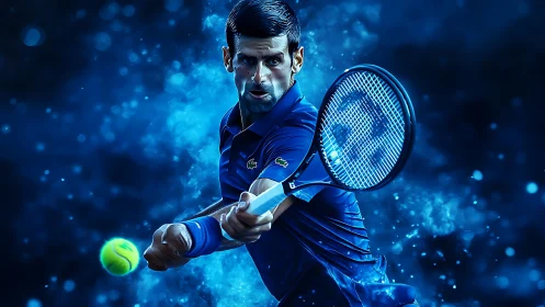 Electric blue backhand storming through cosmic tennis dust.