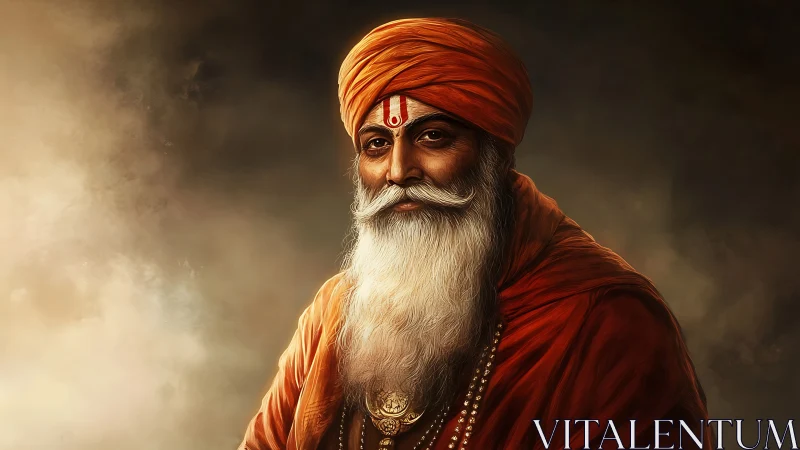 Regal elder guru portrait in warm saffron drapery lighting.