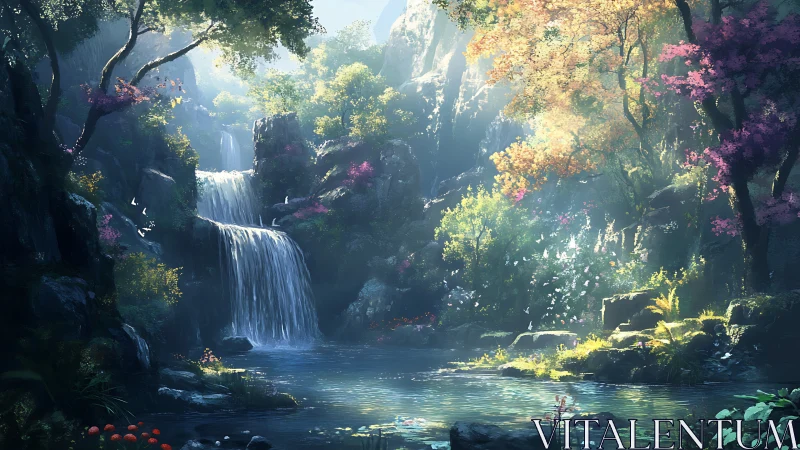 Cascading Waterfall Through Enchanted Forest Gorge with Blooming Vegetation.