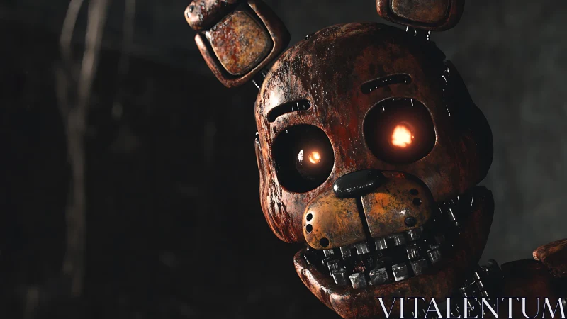 Rusty animatronic bear with burning eyes in darkness.