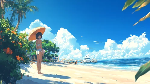 Girl in white swimsuit stands with umbrella on sunny beach