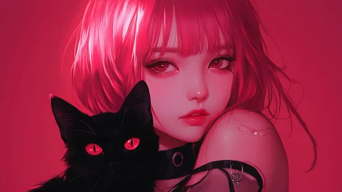 Crimson-eyed girl and midnight cat in neon blush glow.