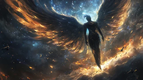 Celestial winged silhouette ascends through luminous nebulae