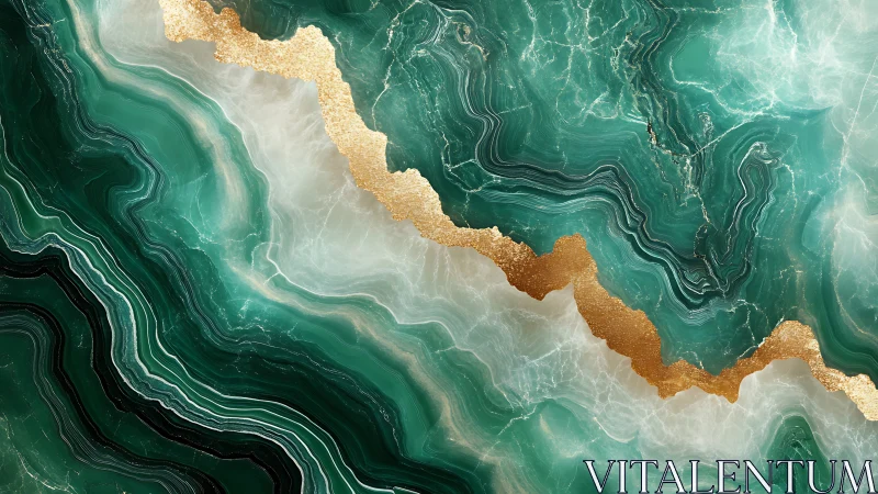 Striated teal geode cross‑section with metallic fault line.