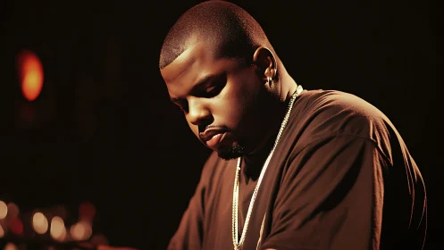 Moody studio portrait of pensive man under warm rim lighting