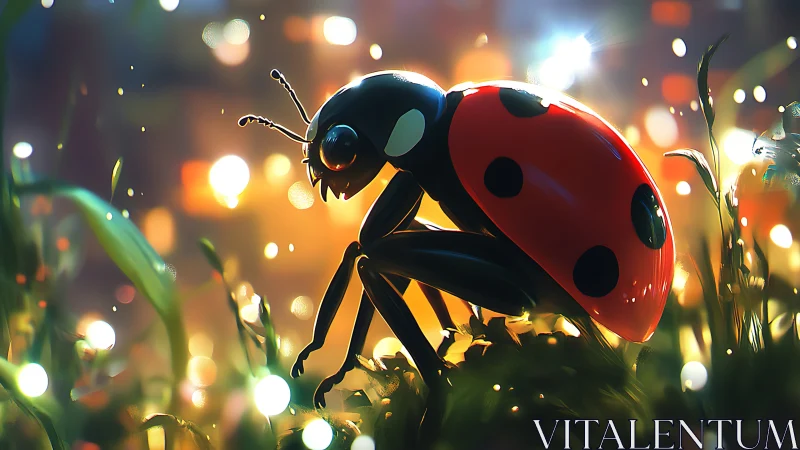 Glowing ladybug rests in dreamy grass under golden lights