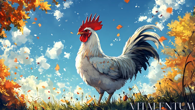Digital Painted Rooster Against Autumn Landscape With Volumetric Cloud Rendering