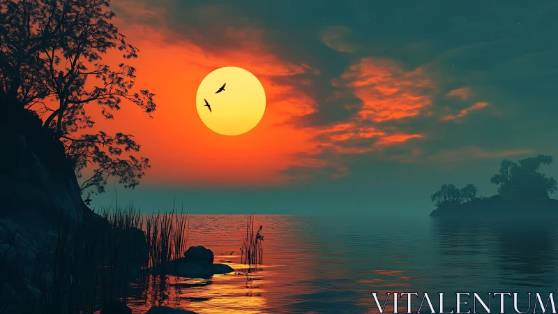 Sunset lake glows behind silhouetted trees and distant islet