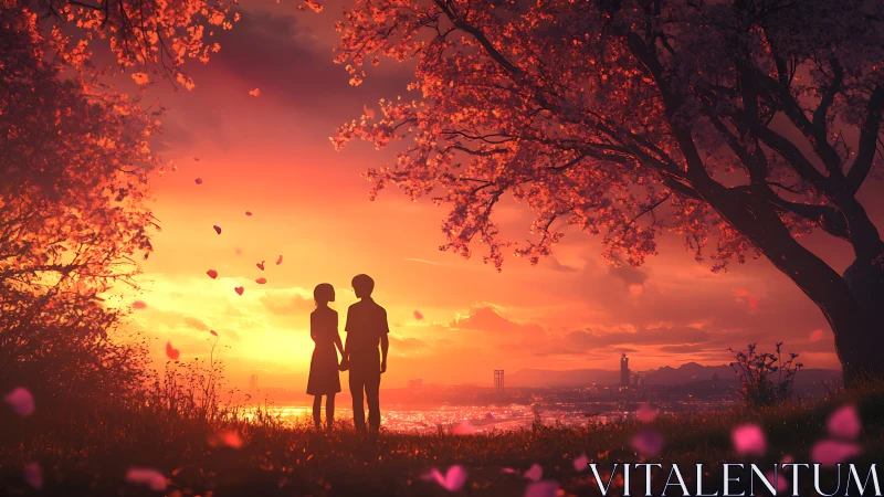 Silhouetted Couple Under Sunset Trees Watching Cityscape.