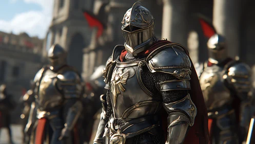 Armored knights stand in formation before stone structures