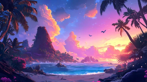 Tropical Paradise Sunset Over Majestic Cove.