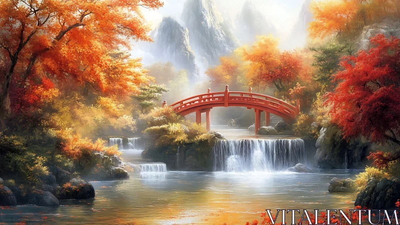 Scarlet arch bridge over misty autumn cascades at dawn.