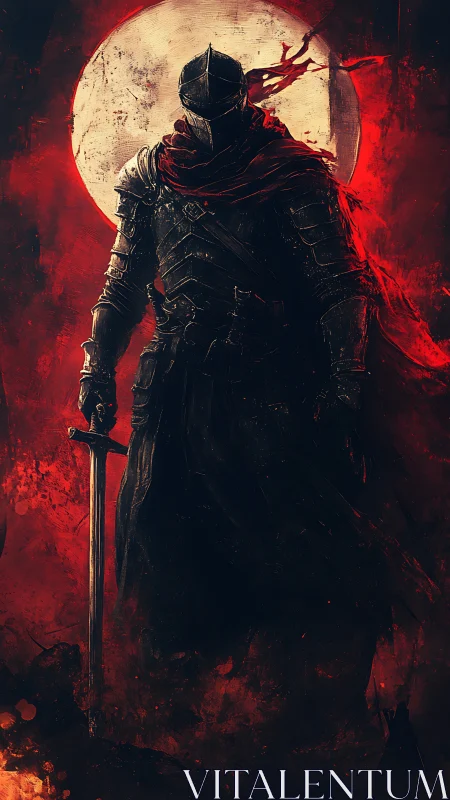 Blood-red moonlit knight in dark armor stands silent.