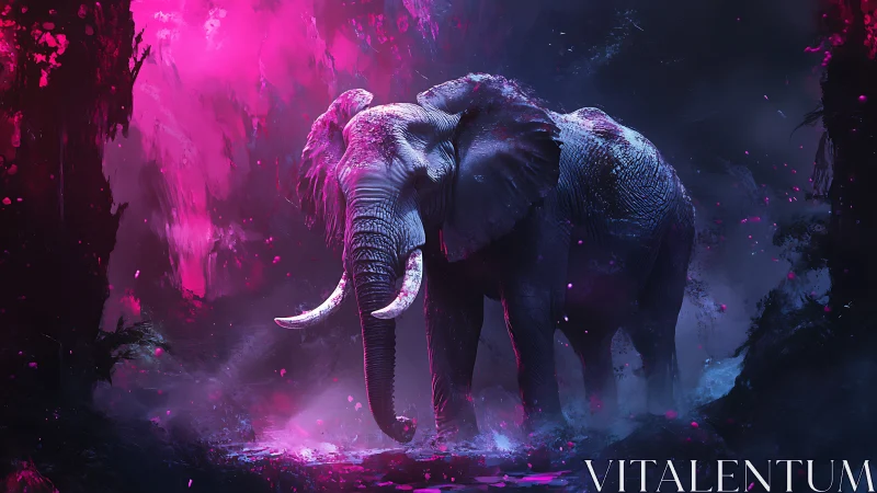Elephant in neon-lit forest with high contrast lighting.