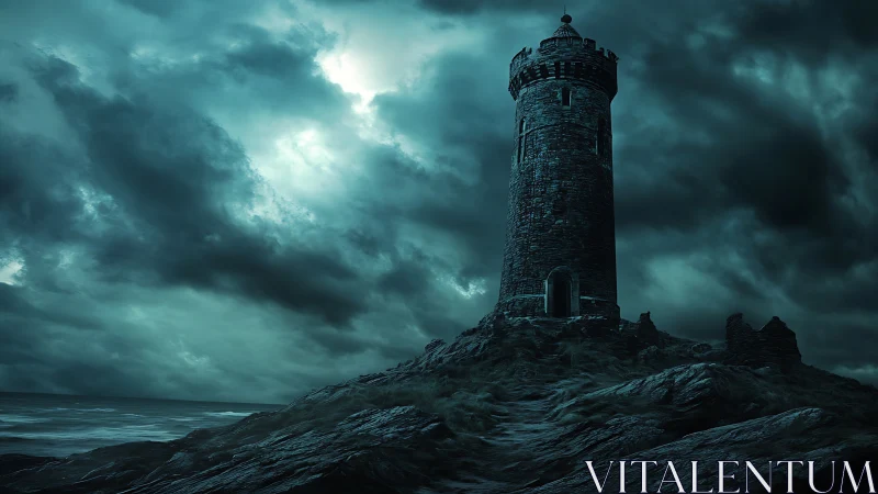 Storm-wracked sea tower brooding beneath turquoise thunderclouds.